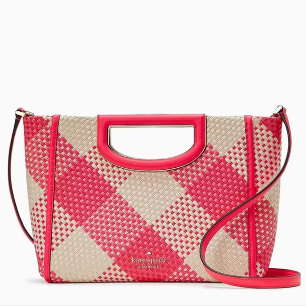 Kate Spade Alexia Gingham Crossbody Clutch NWT pink/white/gold hardware 2 way